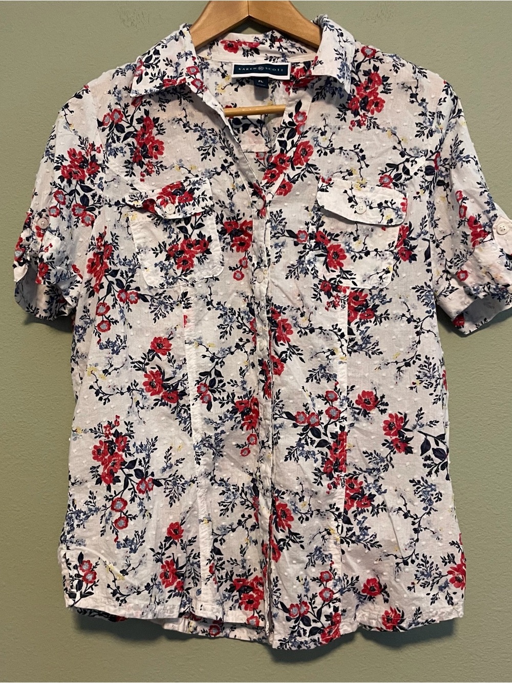 Karen Scott Floral Button-Up Shirt in White with Red & Navy Flowers - PL